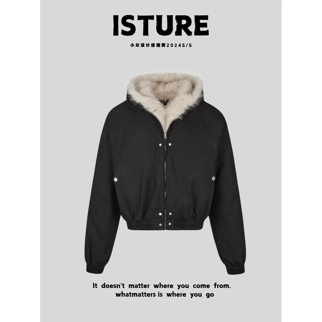 ISTURE美式黑色座山雕棉服男女秋冬款高级感加绒短版cleanfit外套