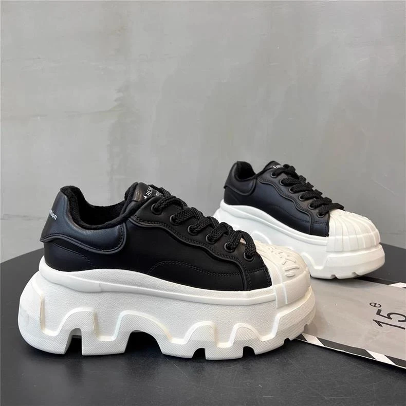 欧洲站软皮软皮贝壳头厚底松糕超高跟小白鞋小个子加绒休闲鞋女鞋