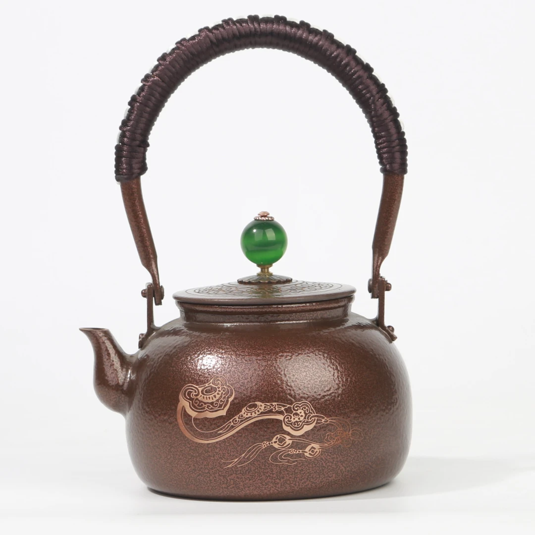 【御锦铜艺】纯紫铜手工日式龙纹陶色煮水壶茶茶道泡壶复古家用质感