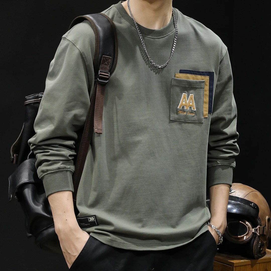 LEIGHZ/雷茨长袖t恤男纯棉宽松大码秋季2024新款男士重磅圆领衣服