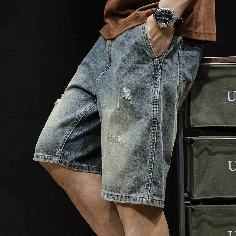 LEIGHZ/雷茨破洞牛仔短裤男士五分裤夏季宽松直筒潮牌美式新款