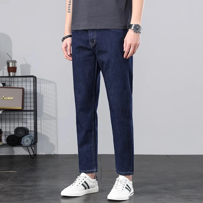 LEIGHZ/雷茨冬款深蓝色九分牛仔裤男宽松直筒加绒加厚弹力百搭