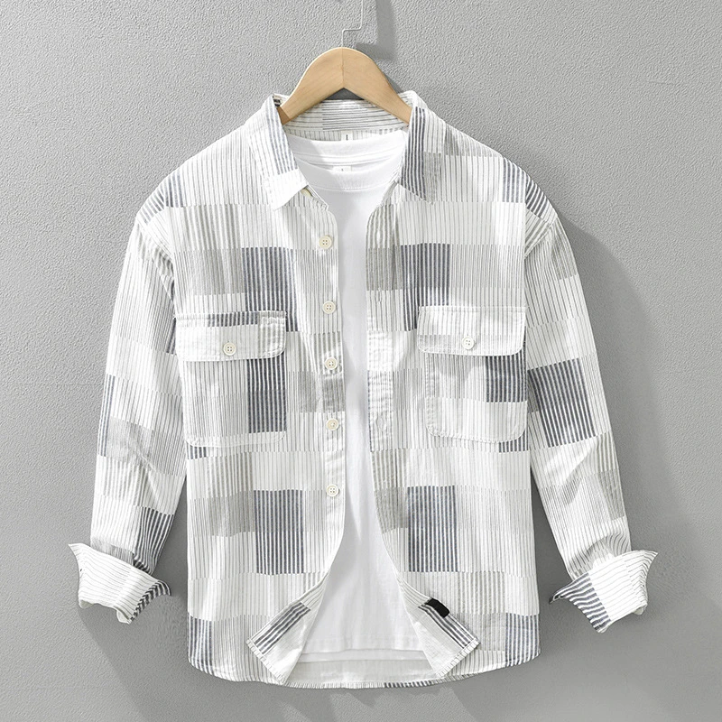 LEIGHZ/雷茨日系条纹长袖衬衫男士秋季休闲百搭衬衣时尚宽松上衣