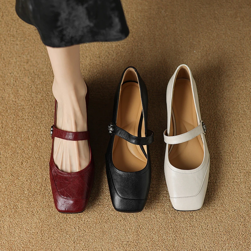 【轻奢羊皮】2.5cm，百搭真皮软底复古法式粗跟方头平底浅口 H56-688