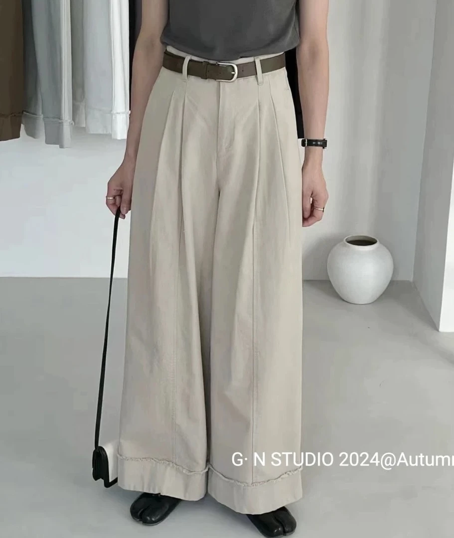 婷婷（加绒加厚）秋冬韩版高腰毛边休闲水洗棉阔腿裤（拍下带腰带）