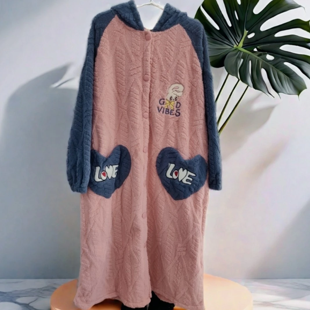 法兰绒加绒加厚连帽长袍