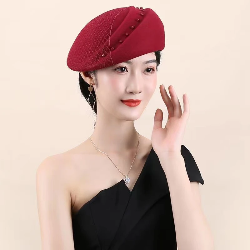 高级贝雷帽时尚优雅气质珍珠网纱名媛装饰晚宴礼帽网红百搭婚纱帽
