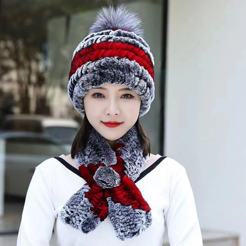 獭兔毛帽子女秋冬天保暖护耳围巾两件套中老年休闲时尚妈妈帽网红