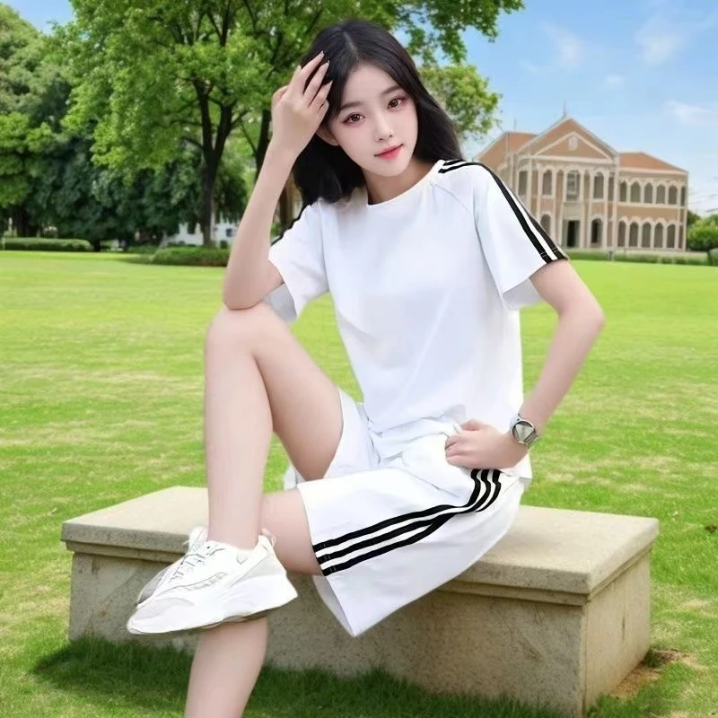 100%纯棉休闲运动服套装女夏季新款大码宽松学生短袖短裤两件套潮