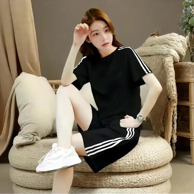 时尚休闲运动套装女2024夏季新款洋气百搭短袖短裤宽松纯棉两件套