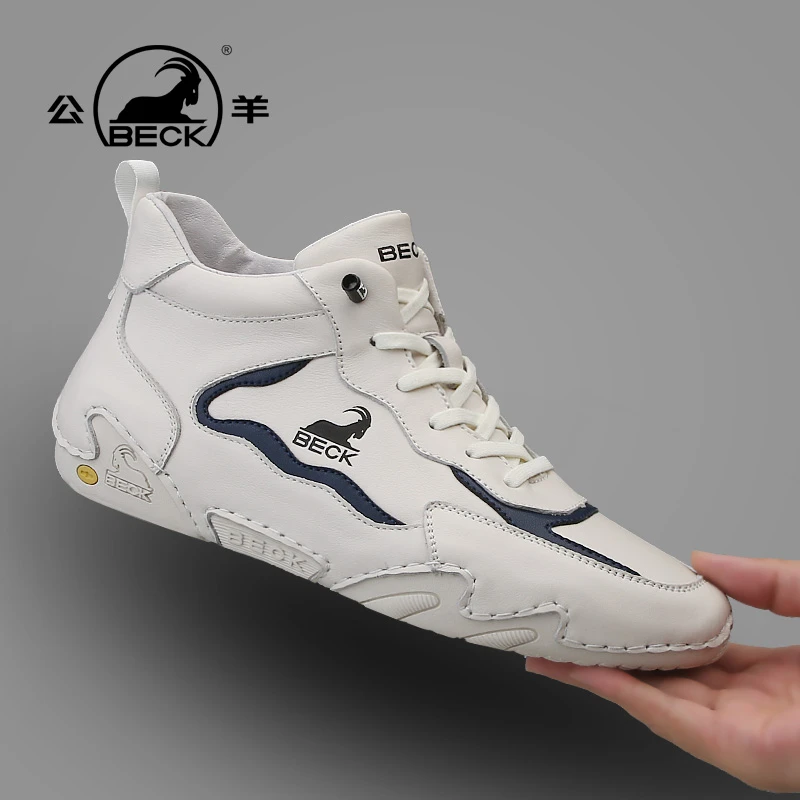 BECK公羊新款牛皮潮鞋男士休闲鞋头层牛皮一脚蹬软底品牌老人加绒