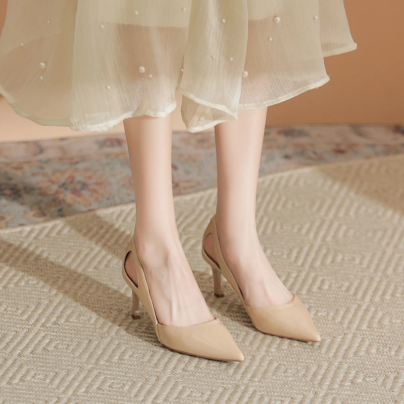 聆步法式高跟鞋时尚镂空性感细跟尖头凉鞋百搭气质漆皮裸色女鞋