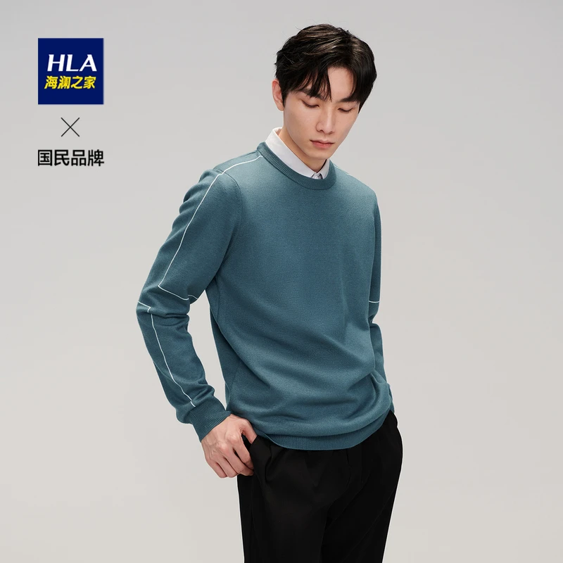 HLA/海澜之家假两件保暖衣男款男装简约舒适早秋衬衫领长袖针织衫