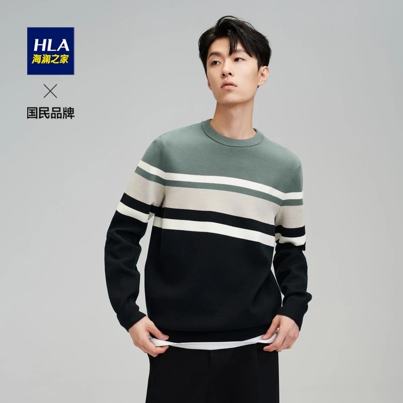 HLA/海澜之家柔软温暖圆领撞色镶拼长袖针织衫男士舒适时尚条纹