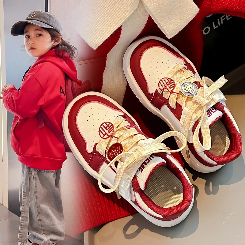 ABC女童运动鞋春季新款2025新年红色儿童板鞋男童软底休闲鞋子潮