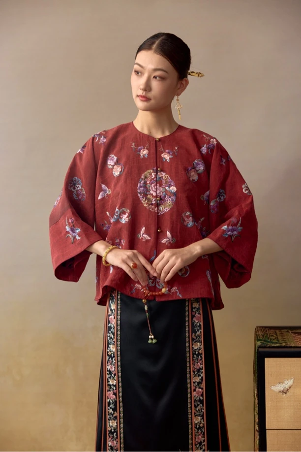 绣艺娇古苏绣桑蚕丝上衣满绣复古红色日常对襟传统中式中国风圆领