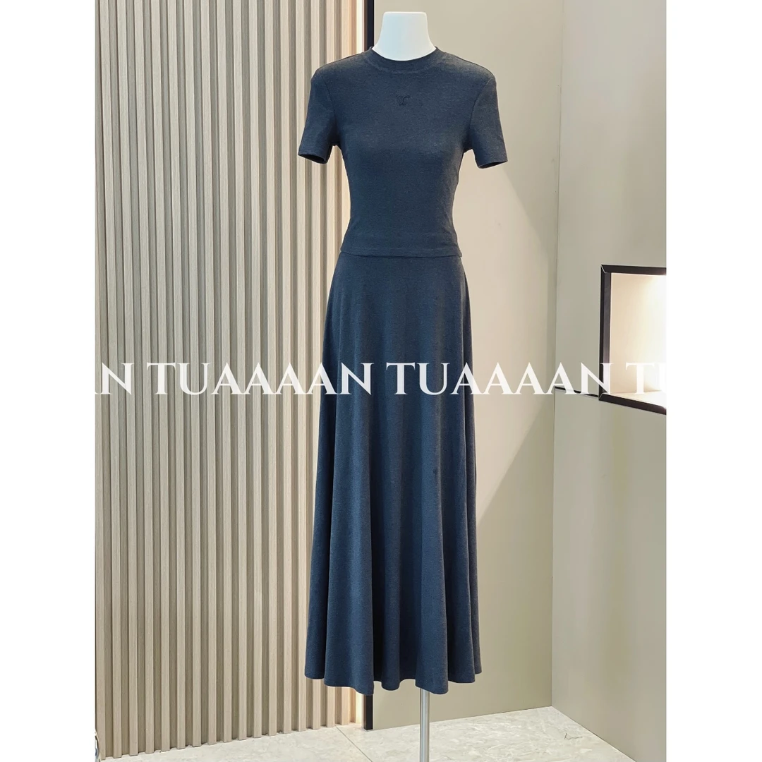 TUAAAAN 【慵懒轻欧】灰色短袖T恤夏季高腰半身裙两件套