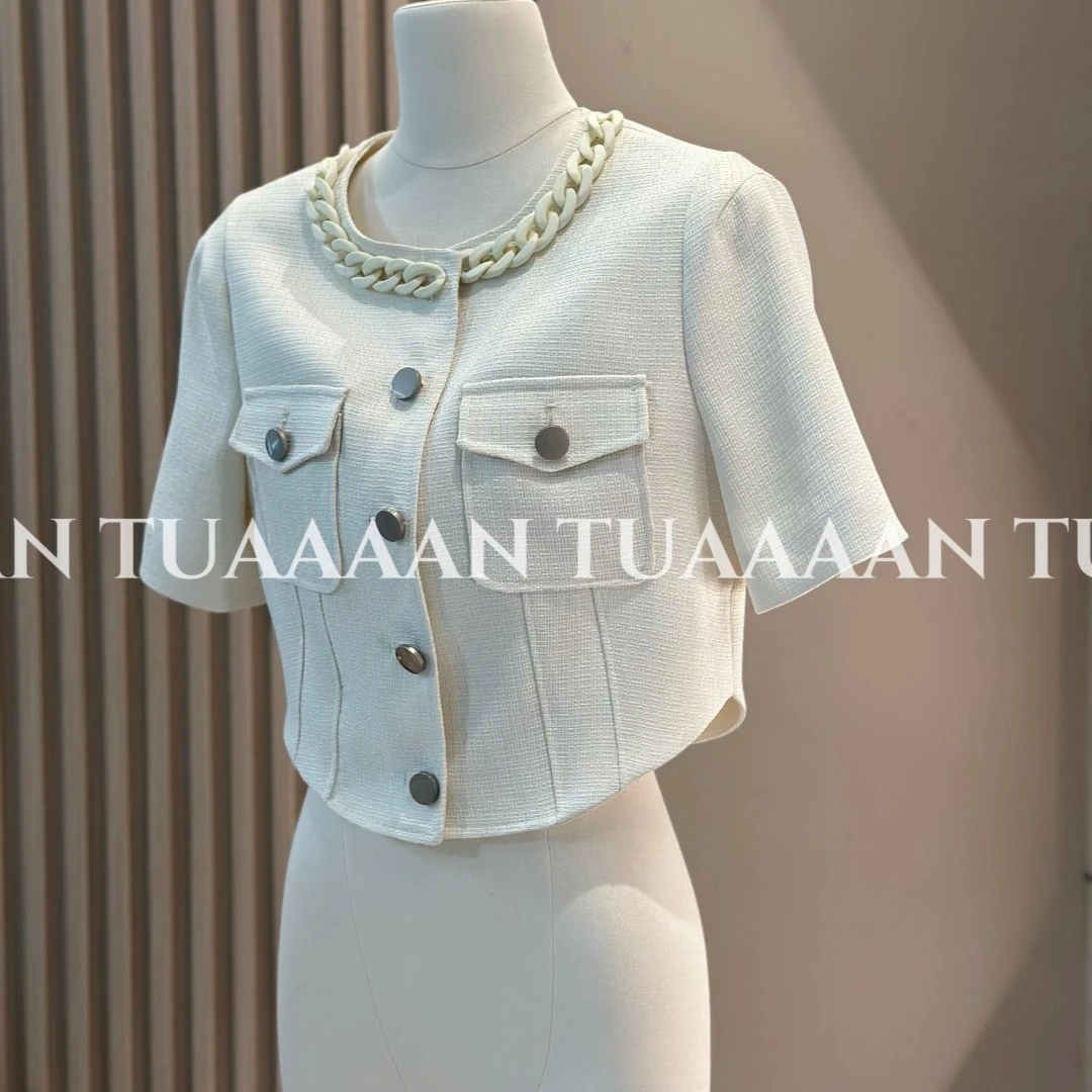 TUAAAAN 【山杏月桂】短款短袖粗花呢时尚小香外套