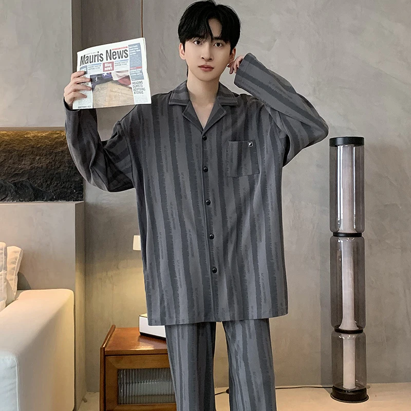 秋冬纯棉男士睡衣条纹长袖长裤开衫翻领时尚休闲宽松简约家居服