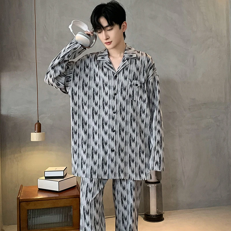 秋冬纯棉男士睡衣黑白长袖长裤开衫翻领时尚休闲宽松简约家居服