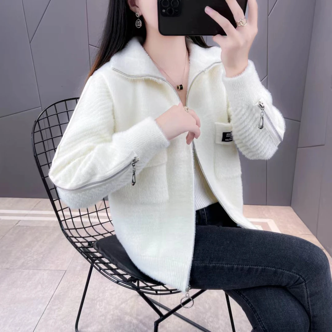 短款外套女士水貂绒秋冬季新款时尚针织拉链爆款洋气毛呢开衫上衣