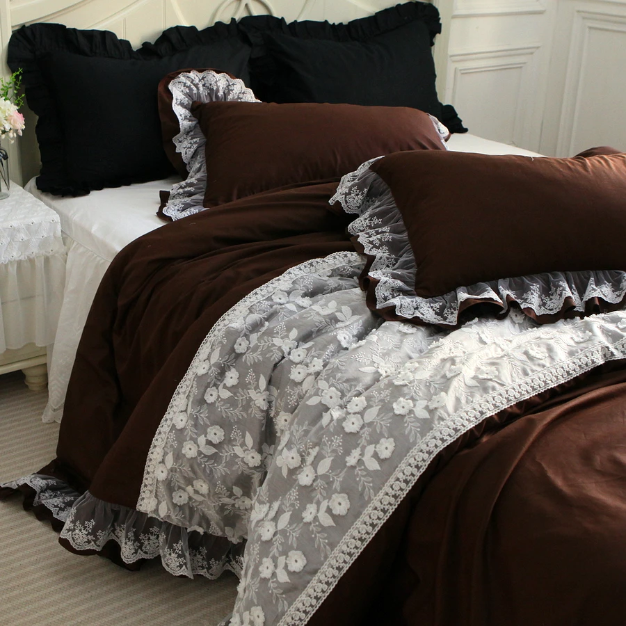 法式韩式绣花咖色纯棉床裙床上四件套纯棉床上四件套公主风