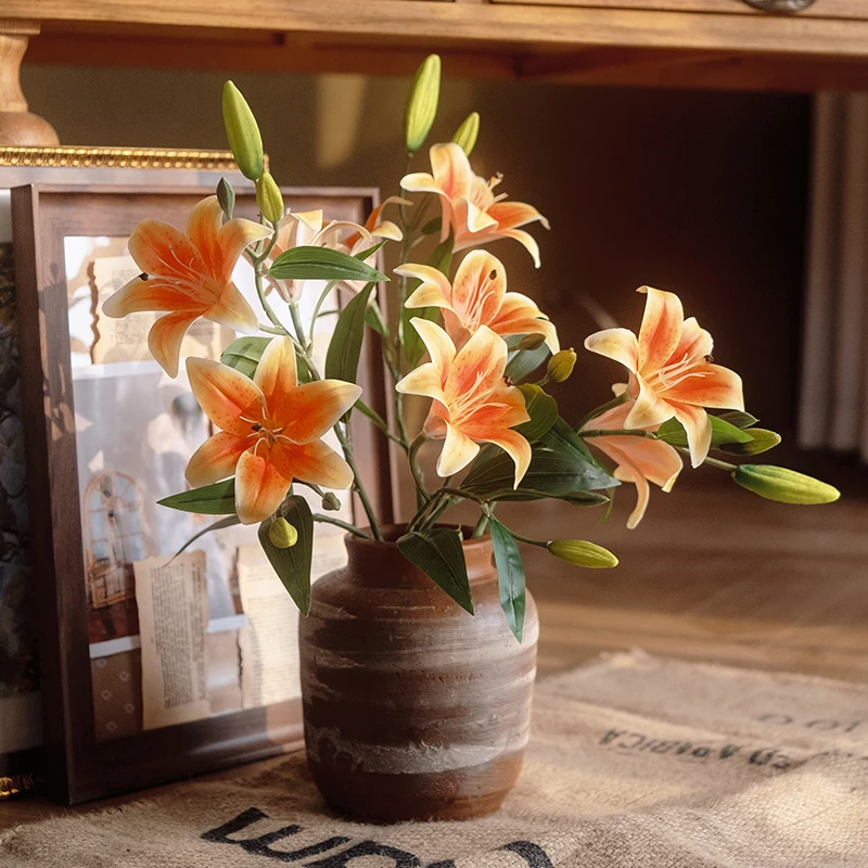 清欢满堂【百合】一支三头仿真百合桌面落地观赏花头花枝手感材质