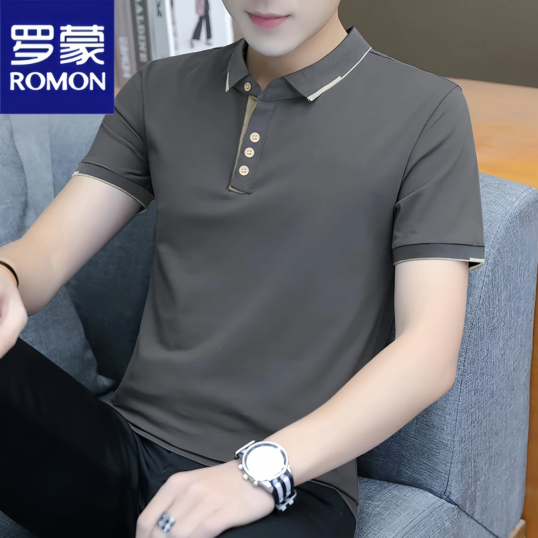 Romon/罗蒙翻领男士短袖T恤夏季商务休闲纯色半袖Polo衫修身百搭