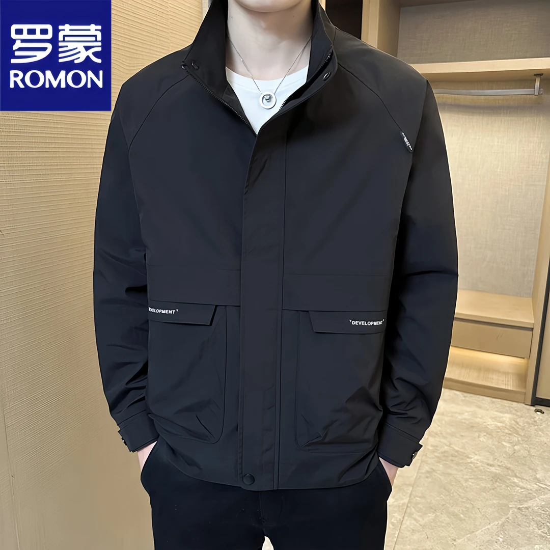 罗蒙春秋季新款洋气时尚档次简约百搭休闲男外套立领夹克加绒外套