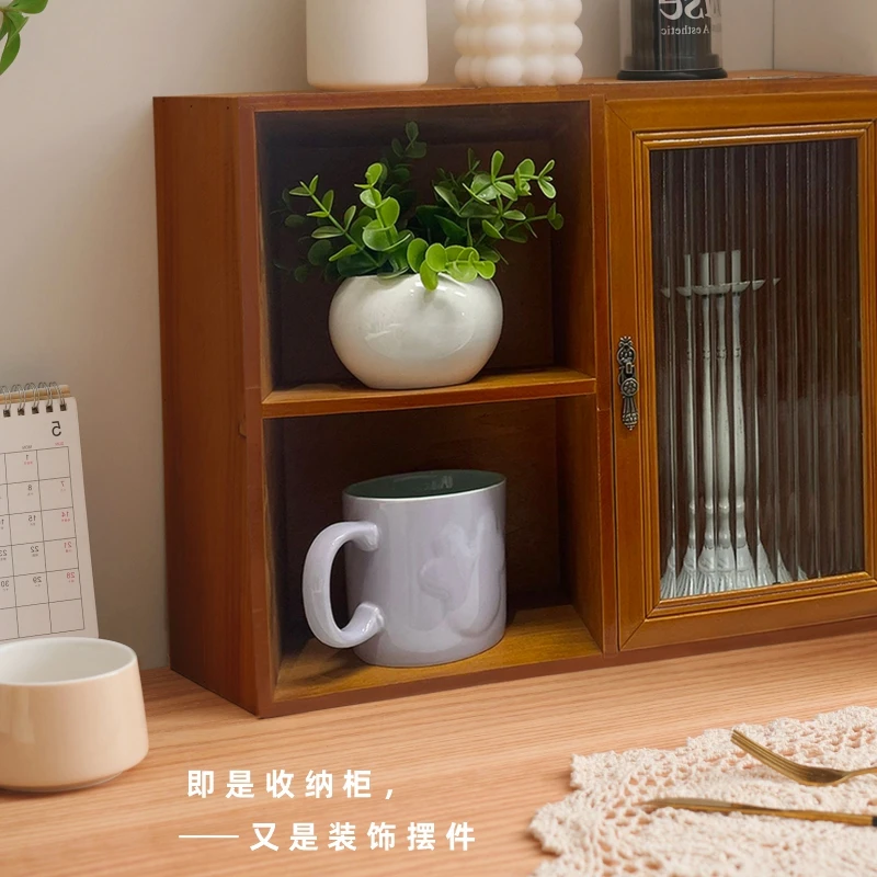 复古实木木质桌面收纳柜单开门两格柜子储物柜