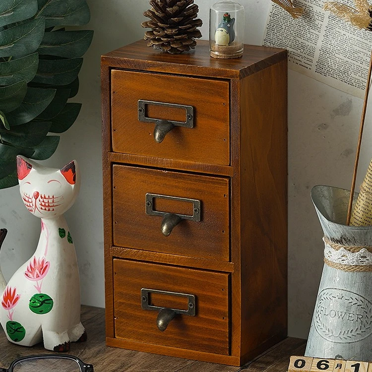 复古长方形实木抽屉式收纳盒梳妆台桌面置物首饰饰品整理柜子多层