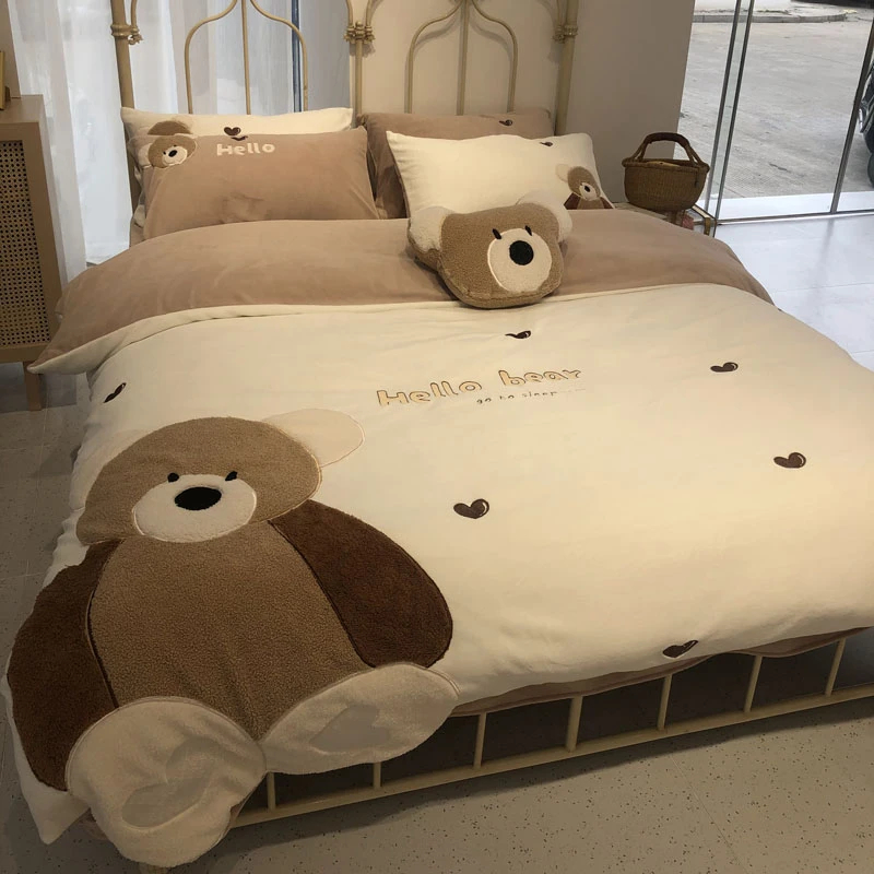 水星甄选Slice可可熊贴布绣泰迪绒高端冬季牛奶绒四件套加厚保暖