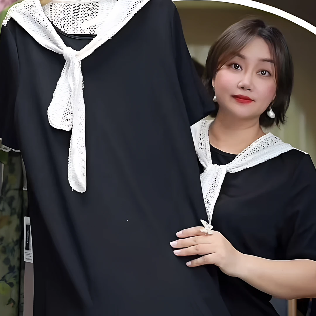 24A78海军领蕾丝拼接气质时尚休闲宽松连衣裙