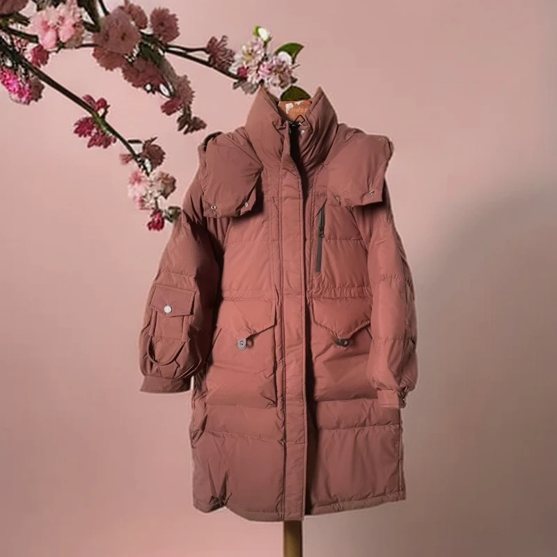 A6696中长款连帽设计感收腰大口袋时尚休闲百搭宽松白鸭绒羽绒服