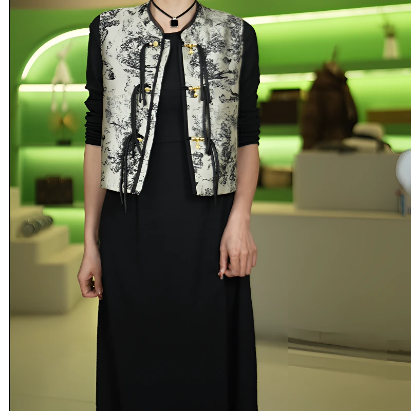 A159气质时尚百搭春季新款新中式盘扣马甲外搭+长袖流苏连衣裙