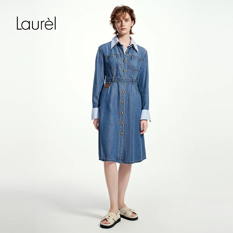 Laurel25春新款复古牛仔蓝连衣裙女LWD361Y05700