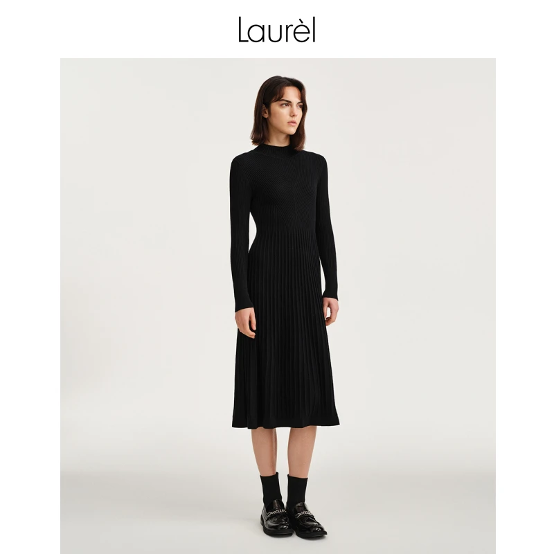 Laurel新款收腰针织毛衫气质秋冬长裙修身连衣裙黑色LWD343M00100