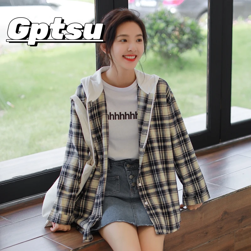GPTSu连帽格子衬衫外套女春秋学院风宽松百搭长袖衬衣小清新上衣