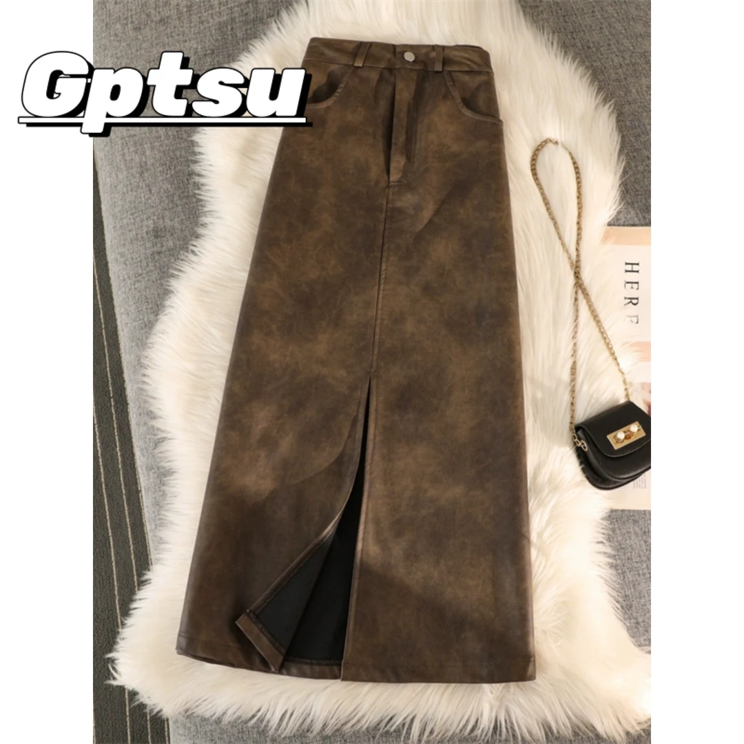 GPTSu美拉德扎染皮裙中长款半身裙秋季大码胖mm显瘦开叉a字包臀裙
