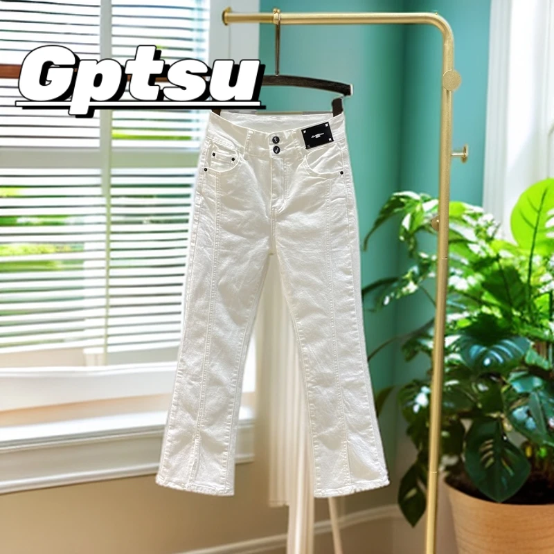 GPTSu设计感休闲显瘦牛仔微喇裤女开叉夏季白色高腰喇叭九分裤子