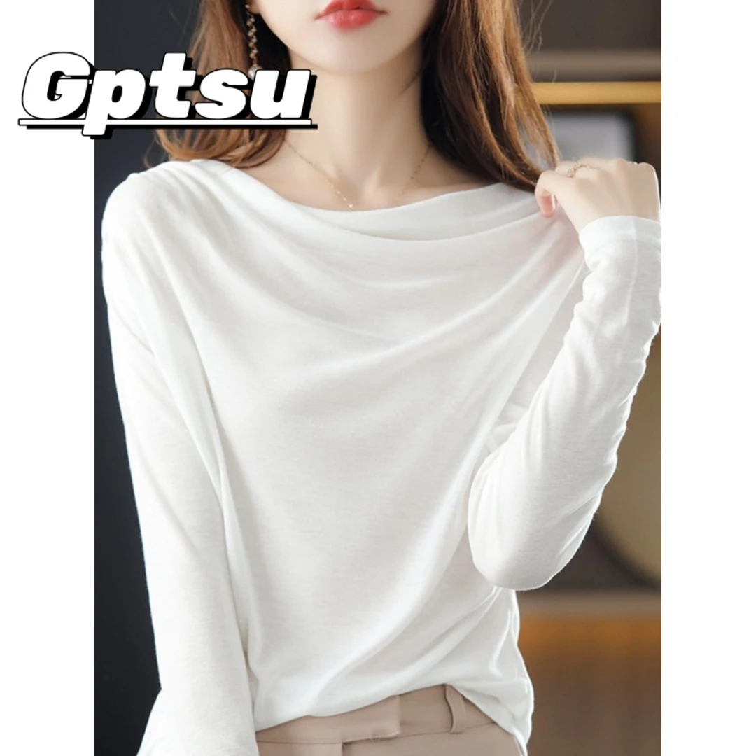 GPTSu天丝打底衫上衣女内搭早秋新款长袖一字荡领宽松显瘦针织T恤