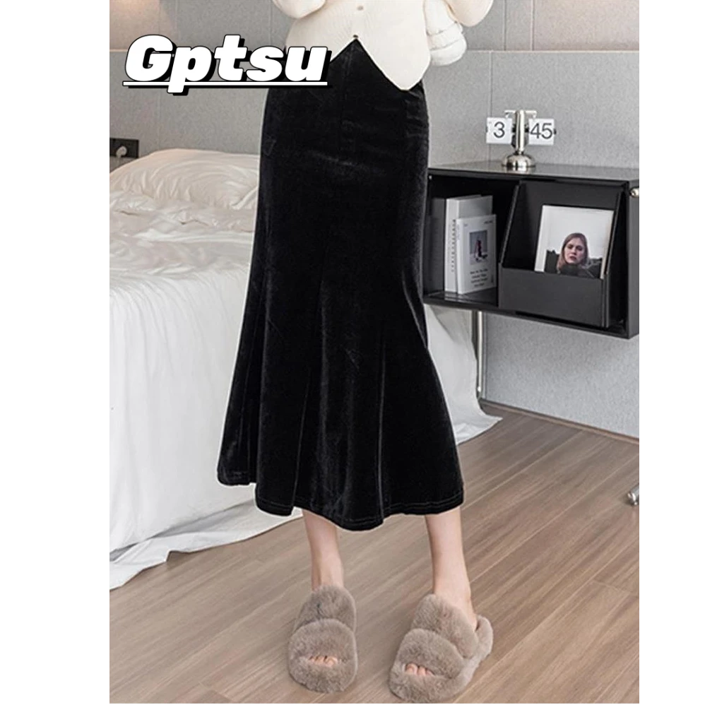 GPTSu法式黑色金丝绒鱼尾半身裙女秋冬高腰a字包臀裙小个子百褶裙