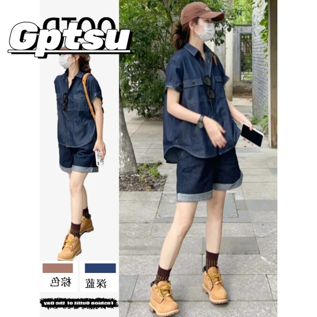 GPTSu复古新款休闲牛仔衬衫外套夏季宽松显瘦百搭阔腿短裤两件套