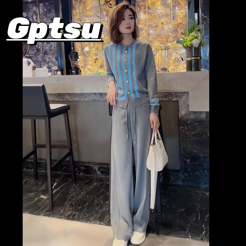 GPTSu休闲穿搭一整套女春秋百搭阔腿裤宽松针织打底衫运动两件套