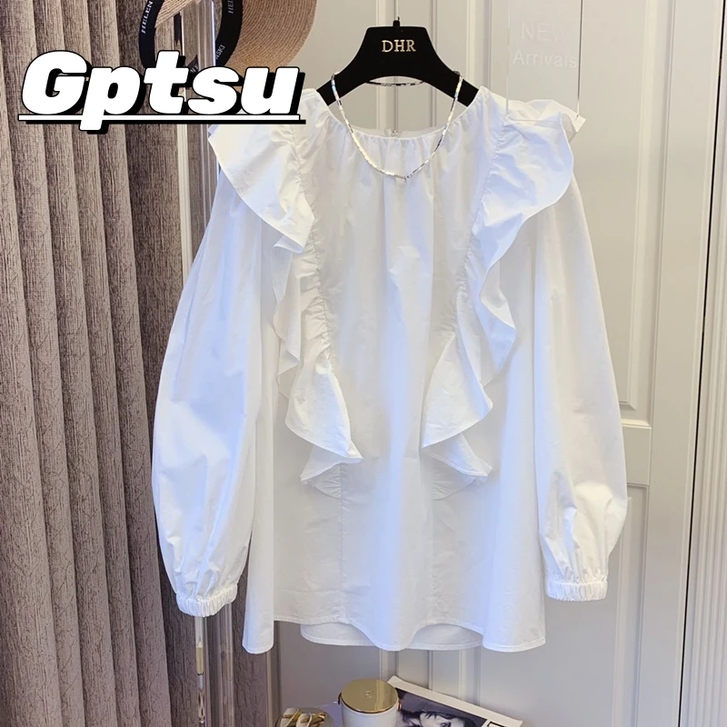 GPTSu时尚百搭气质春秋季荷叶边白色娃娃衫长袖衬衫上衣女款宽松