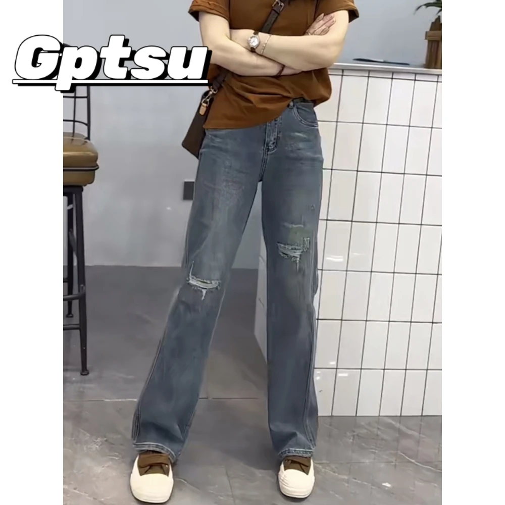 GPTSu破洞直筒牛仔裤女2025新款春夏胖mm大码显瘦窄版阔腿小个子