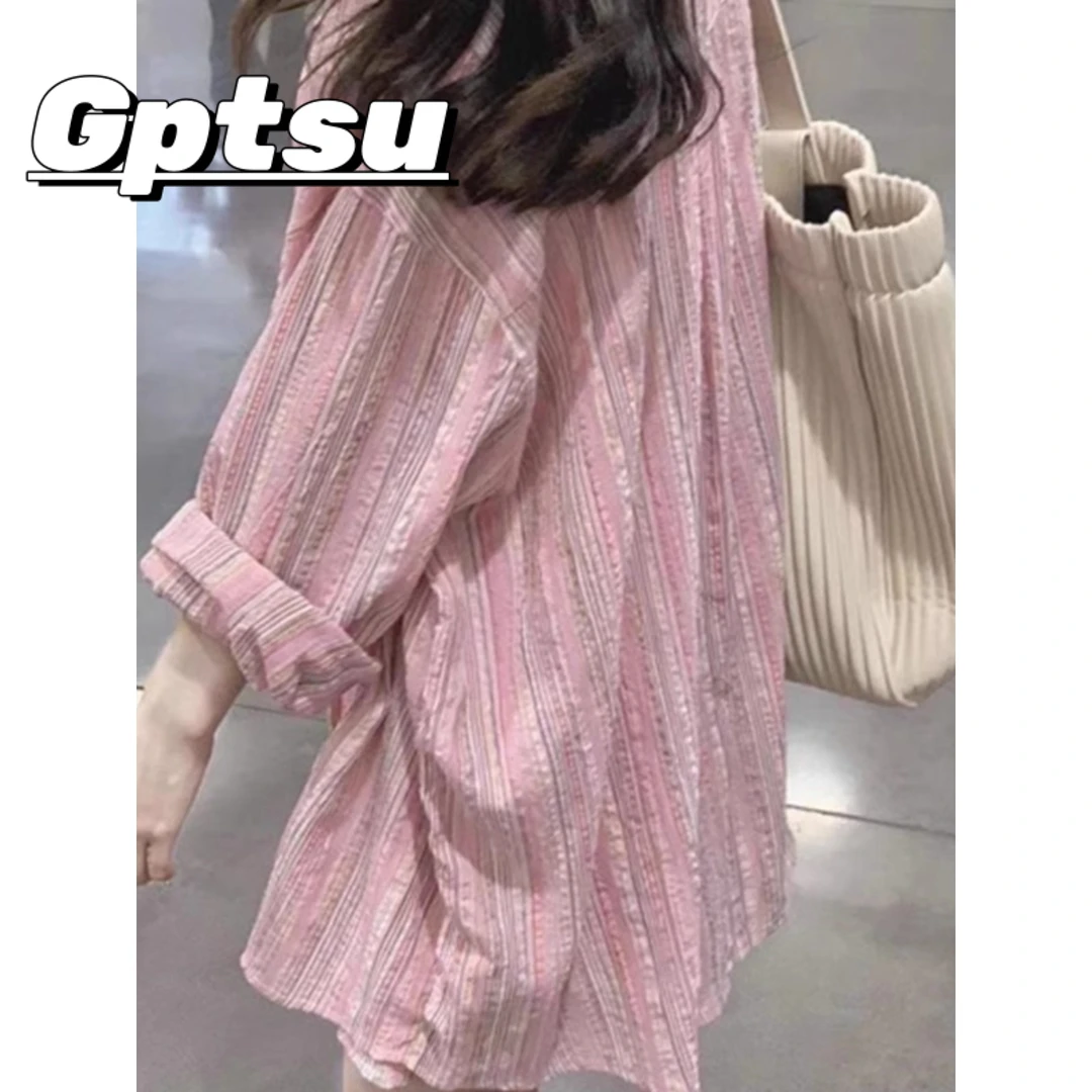 GPTSu百搭遮屁股衬衫女长袖夏季2024新款慵懒中长款条纹薄衬衣女