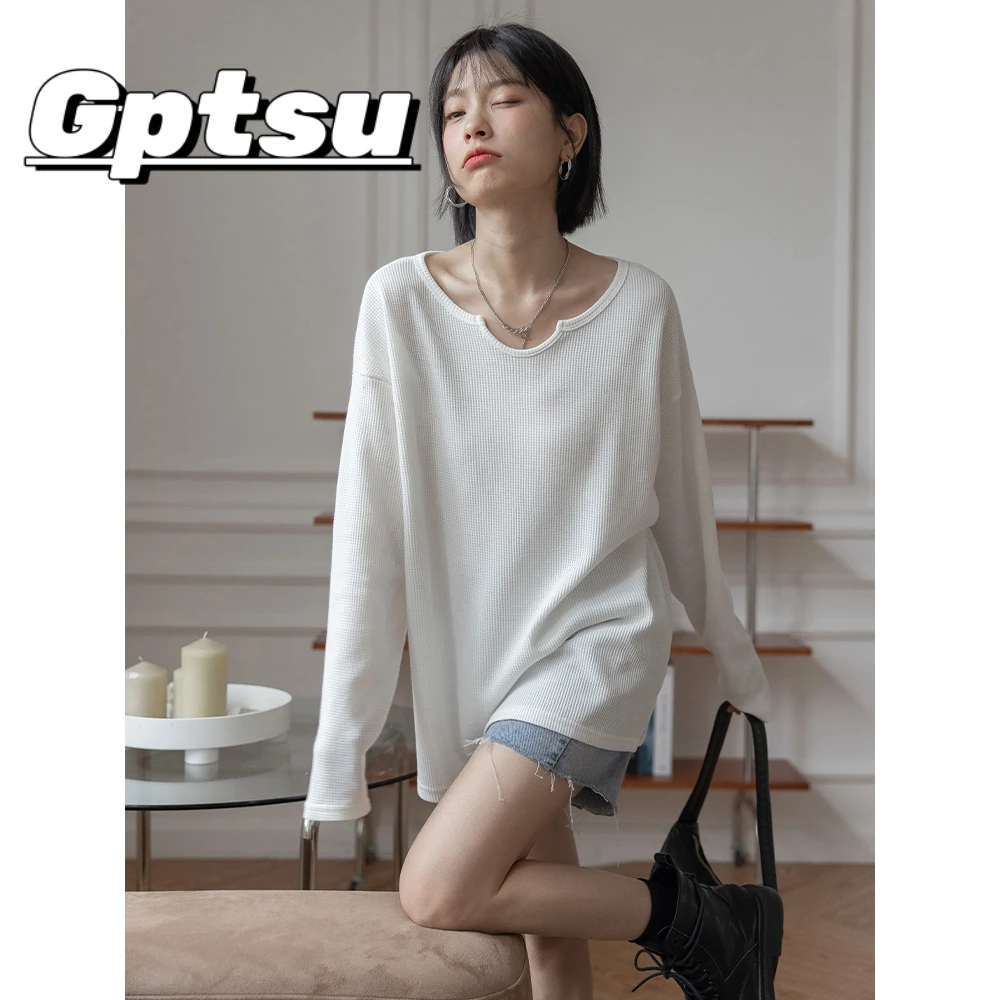 GPTSu华夫格白色T恤女长袖宽松2025秋季新款水滴领纯色内搭打底衫