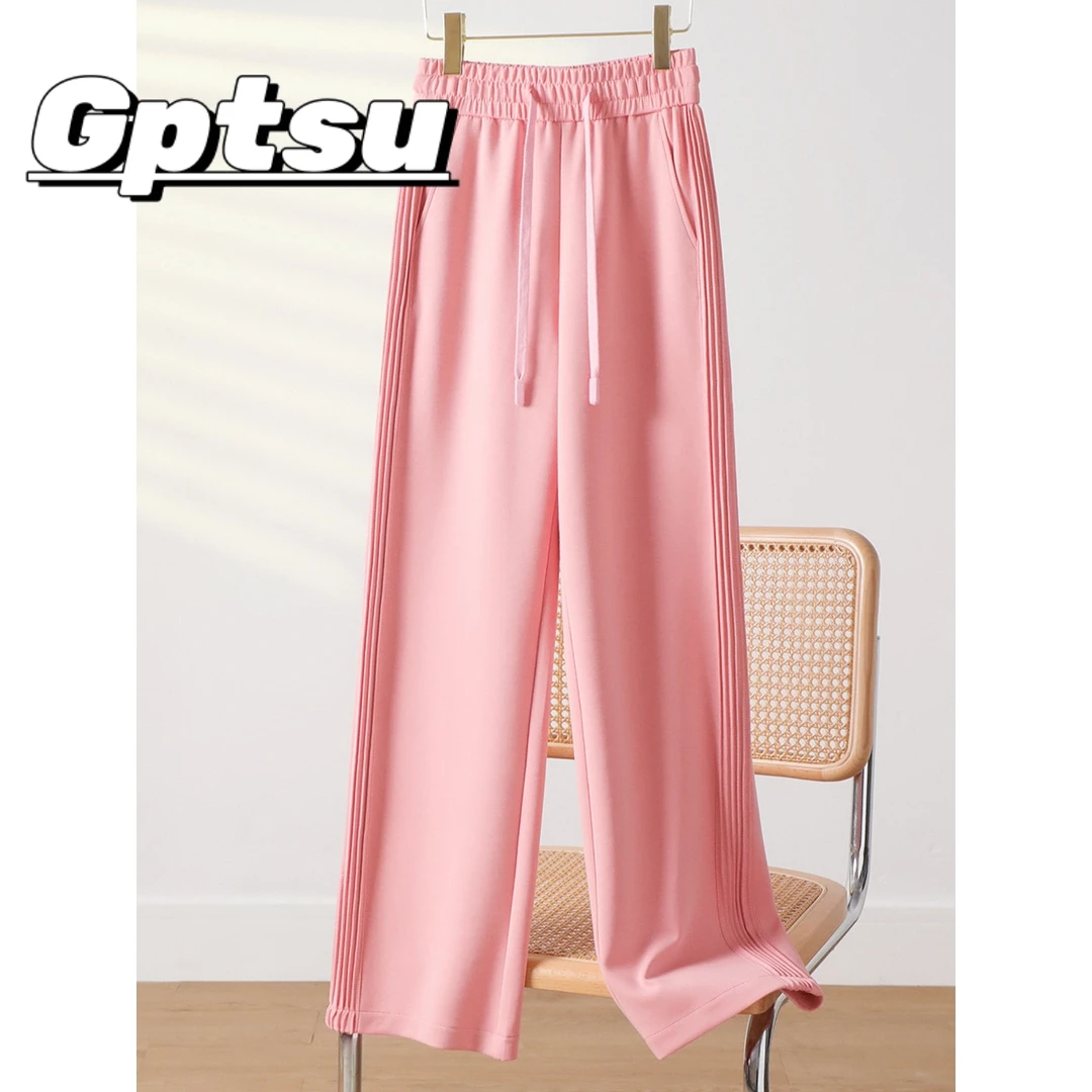 GPTSu粉色西装阔腿裤女2024新款夏季高腰窄版直筒裤垂感休闲裤子