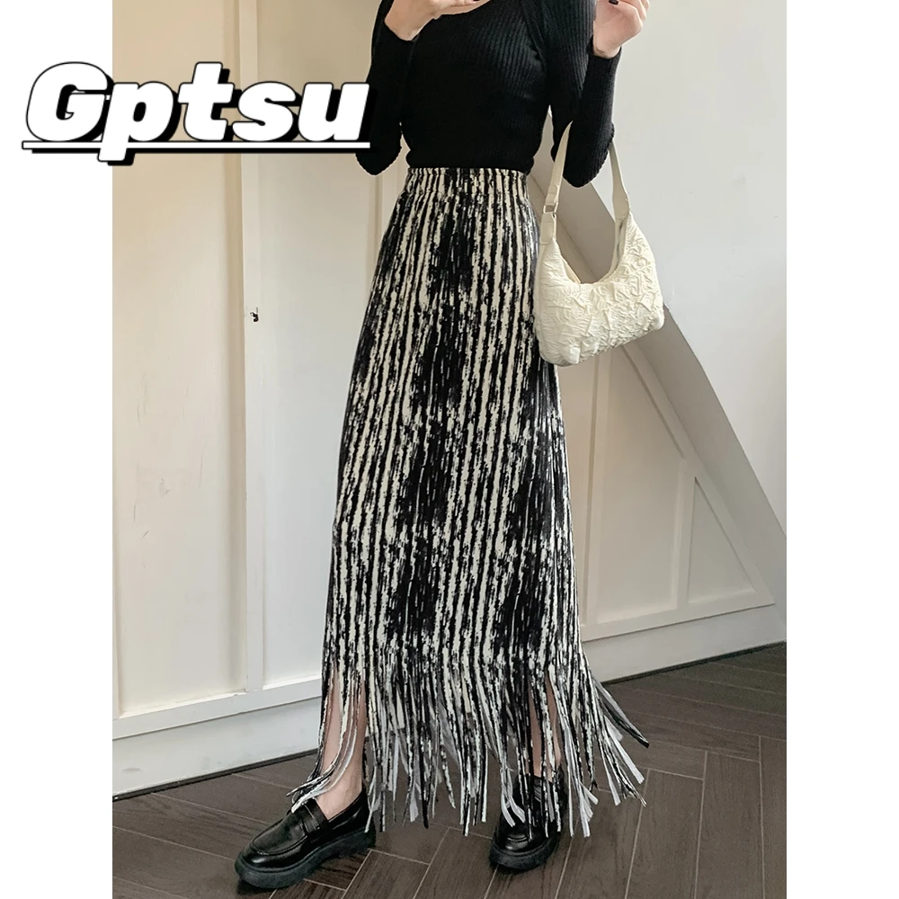 GPTSu时尚气质扎染流苏半身裙女秋季新款高腰垂感显瘦长裙百搭韩
